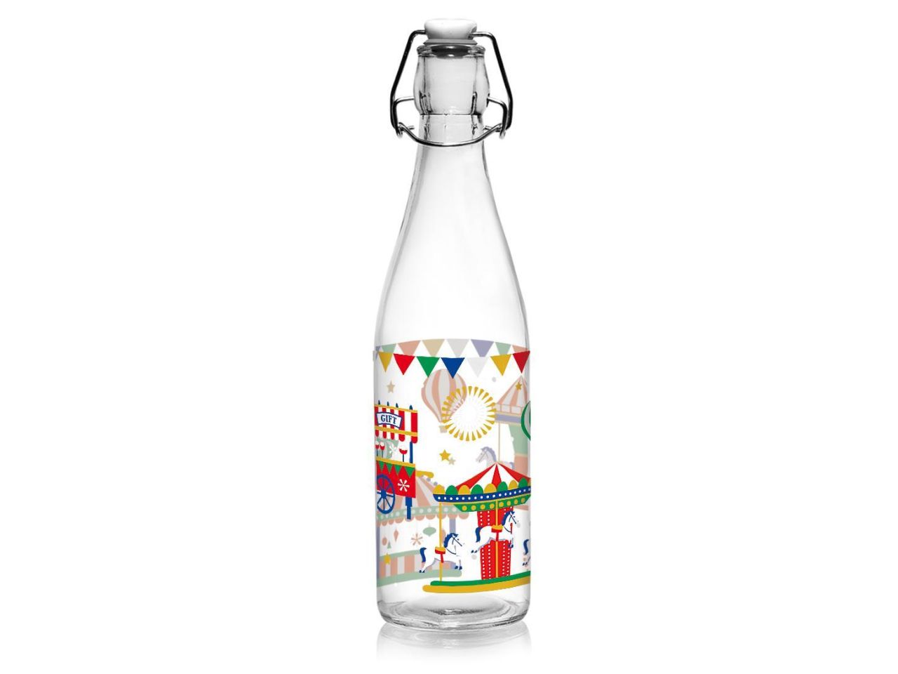 Bottiglia modello lory in vetro capacita' 500cc misura d.70xh.260mm con tappo bianco e decorazione carosello