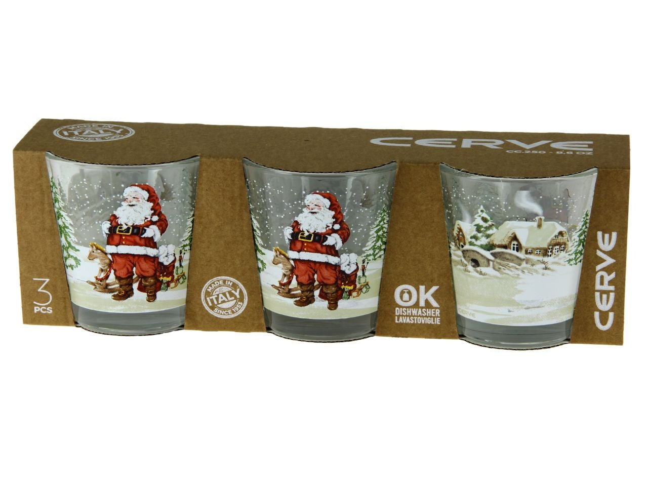 Bicchiere acqua 250cc natalizio in vetro decorazione babbo natale, set 3 pezzi - Cerve
