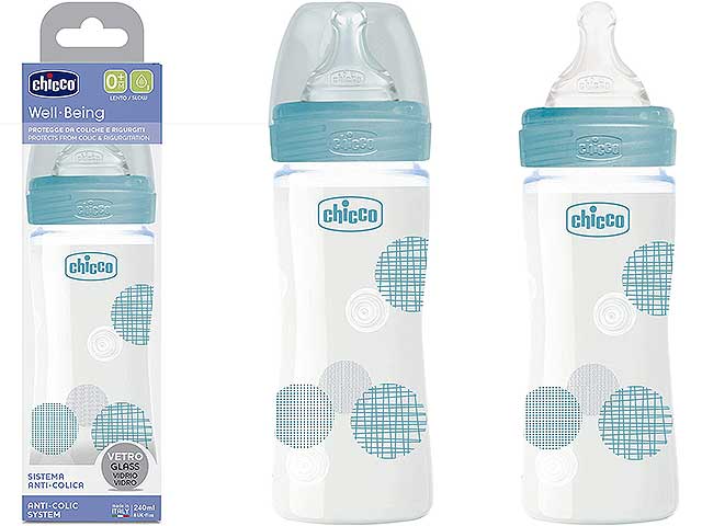 Chicco Biberon Benessere 240ml Flusso Lento in Vetro  Azzurro