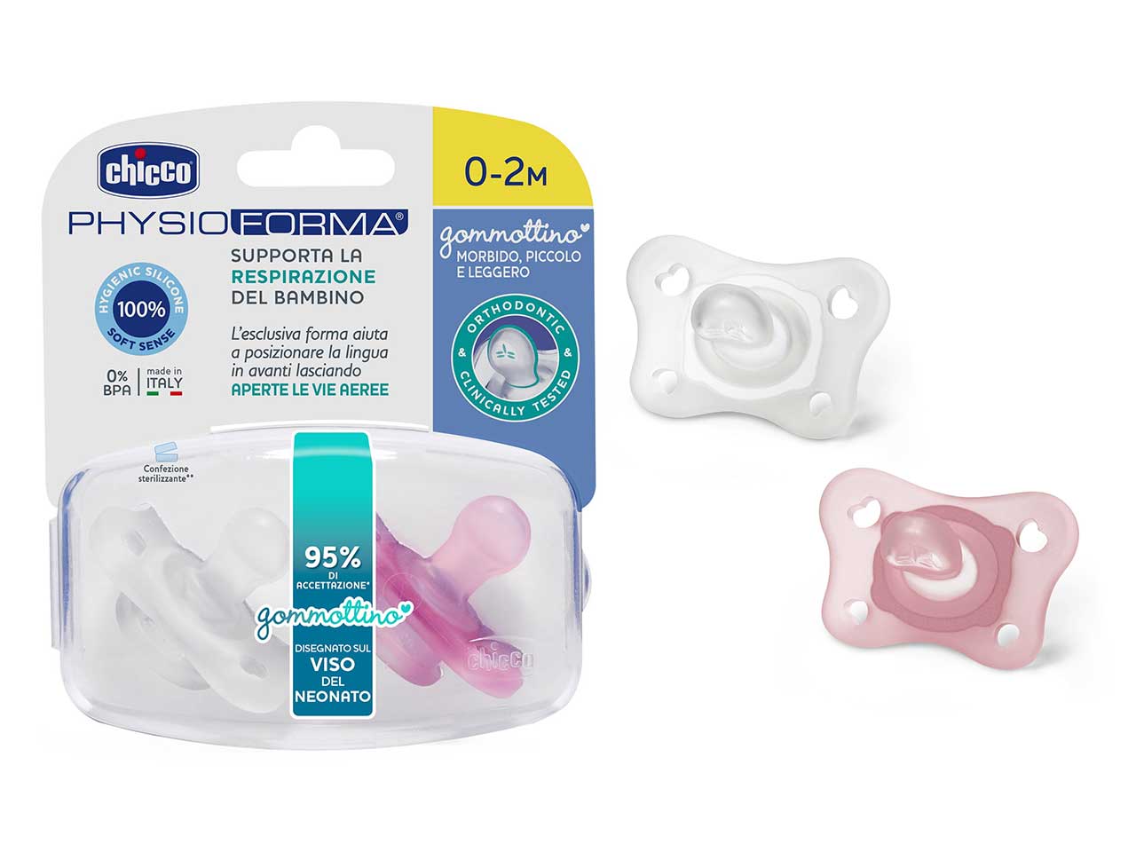 Chicco PhysioForma Ciuccio in Silicone 0-2 Mesi Set Gommottini Rosa 2 pezzi