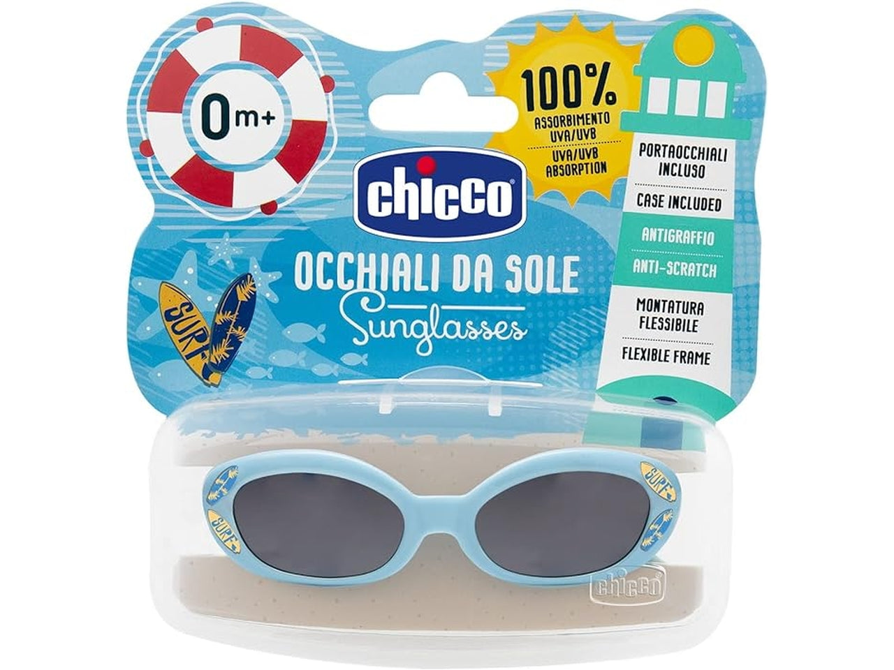 Occhiali da sole Chicco, celesti con custodia per bambini di 0+ mesi