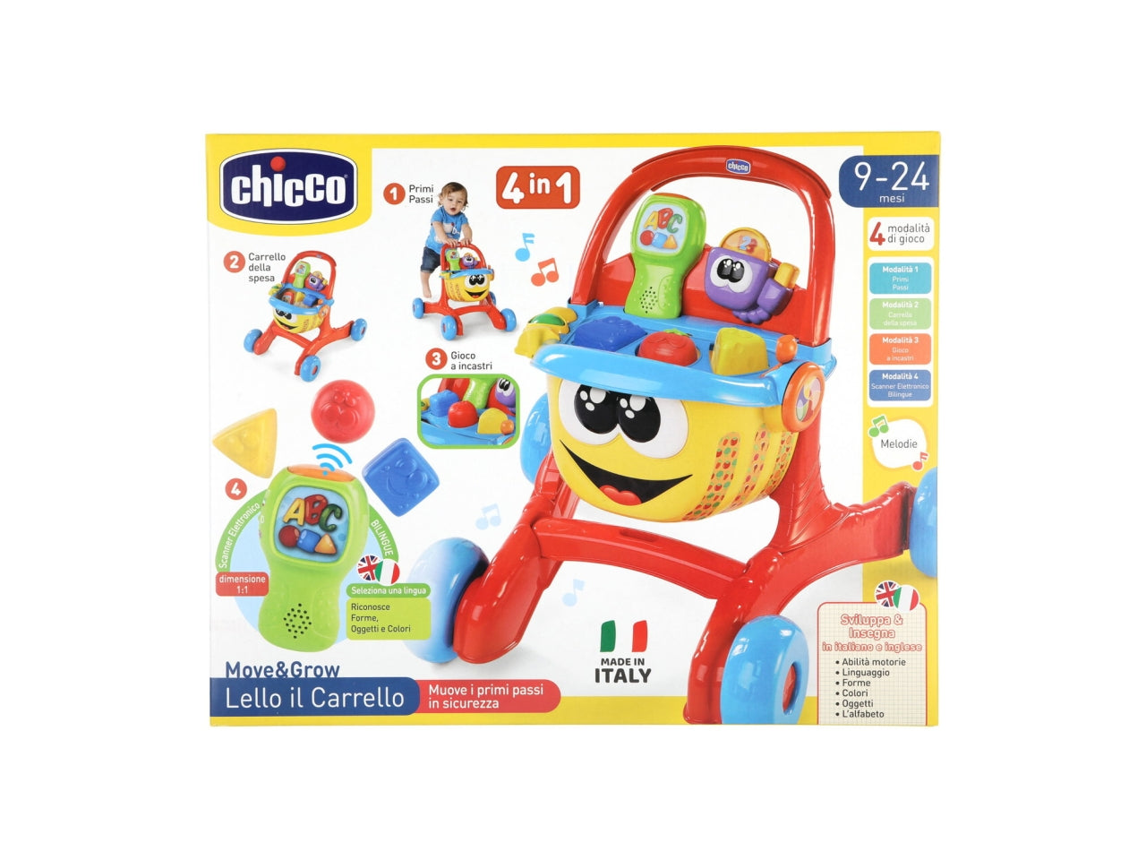 Chicco Gioco Primi Passi Lello Il Carrello Gioco Bilingue con Forme e Incastri