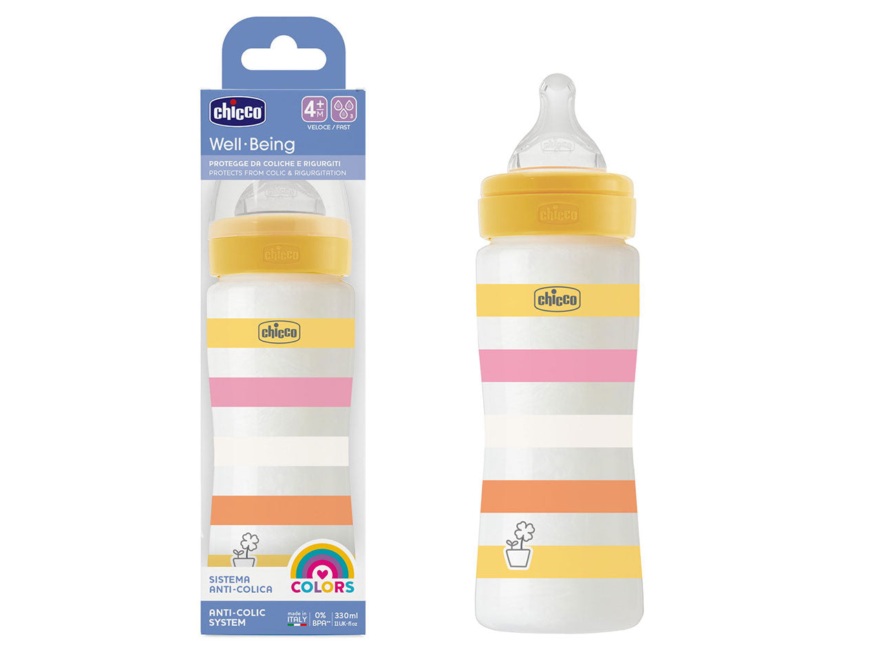 Chicco Biberon Benessere Flusso Rapido Giallo con Tettarella Physio in Silicone 250 ml 2 Mesi+