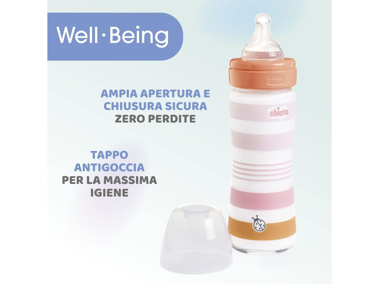 Biberon Chicco Benessere Flusso Lento, con Tettarella Physio in Morbido Silicone e Finitura Soft Sense, Anticolica, Riduce Rigurgito e Irritabilità, Bottiglia in Vetro da 240 ml, 0 Mesi+, Bambina