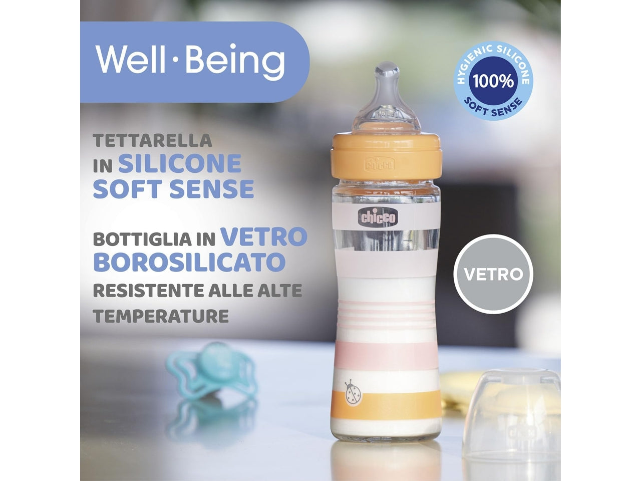 Biberon Chicco Benessere Flusso Lento, con Tettarella Physio in Morbido Silicone e Finitura Soft Sense, Anticolica, Riduce Rigurgito e Irritabilità, Bottiglia in Vetro da 240 ml, 0 Mesi+, Bambina