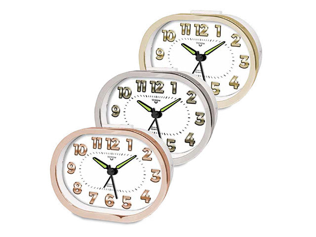 Sveglia al quarzo ovale sweep silenziosa con suoneria cicalino in 3 colori assortiti