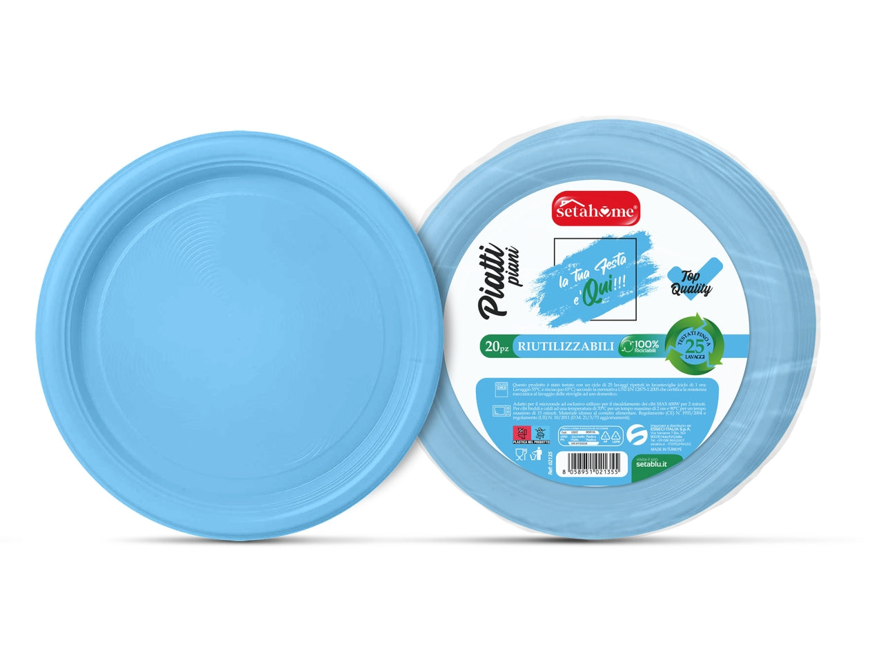 Piatti in plastica piani monouso celesti riciclabili e riutilizzabili, 20 pezzi - 22 cm - Esseci