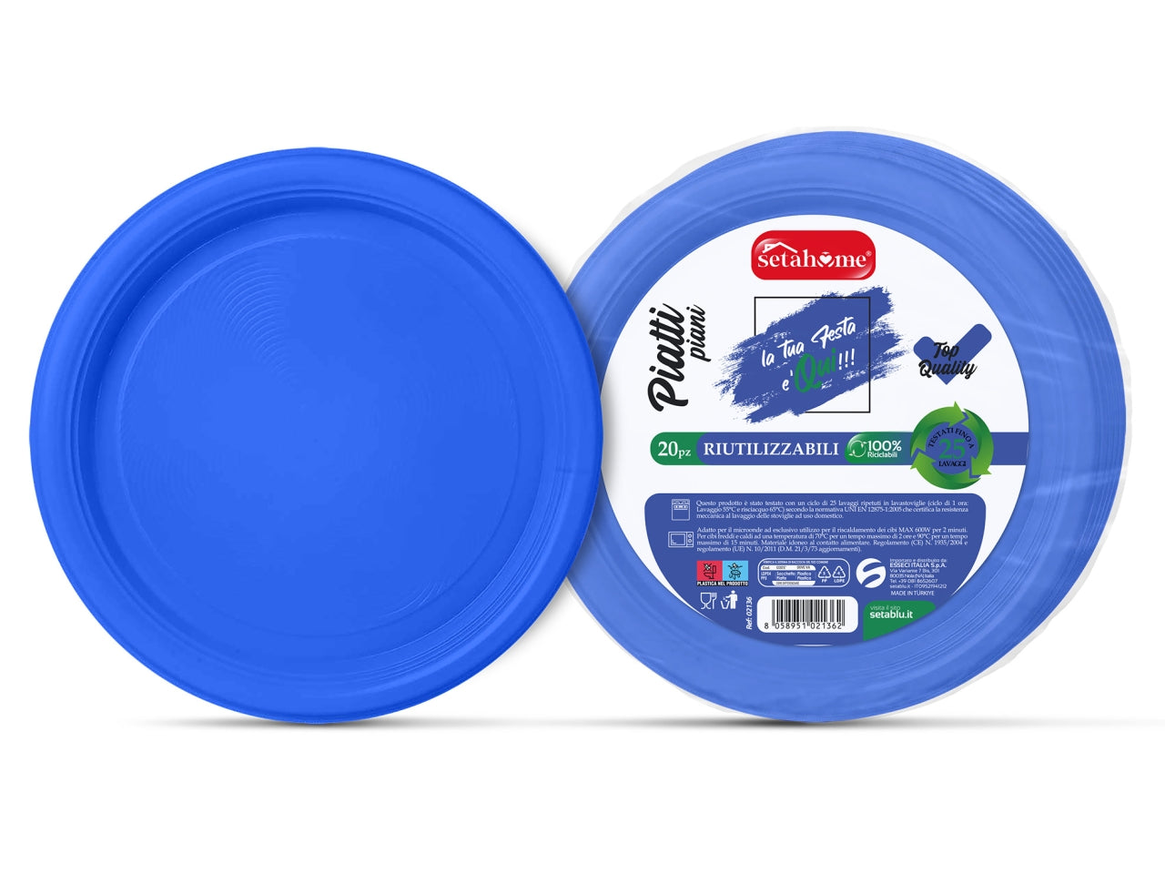 Piatti in plastica piani monouso blu riciclabili e riutilizzabili, 20 pezzi - 22 cm - Esseci