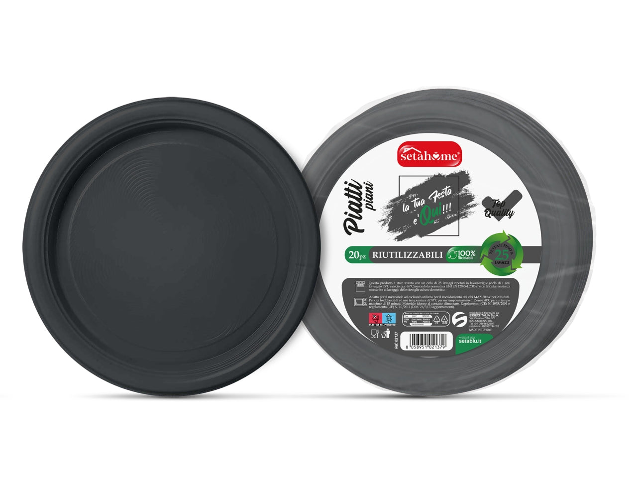 Piatti in plastica piani monouso neri riciclabili e riutilizzabili, 20 pezzi - 22 cm - Esseci