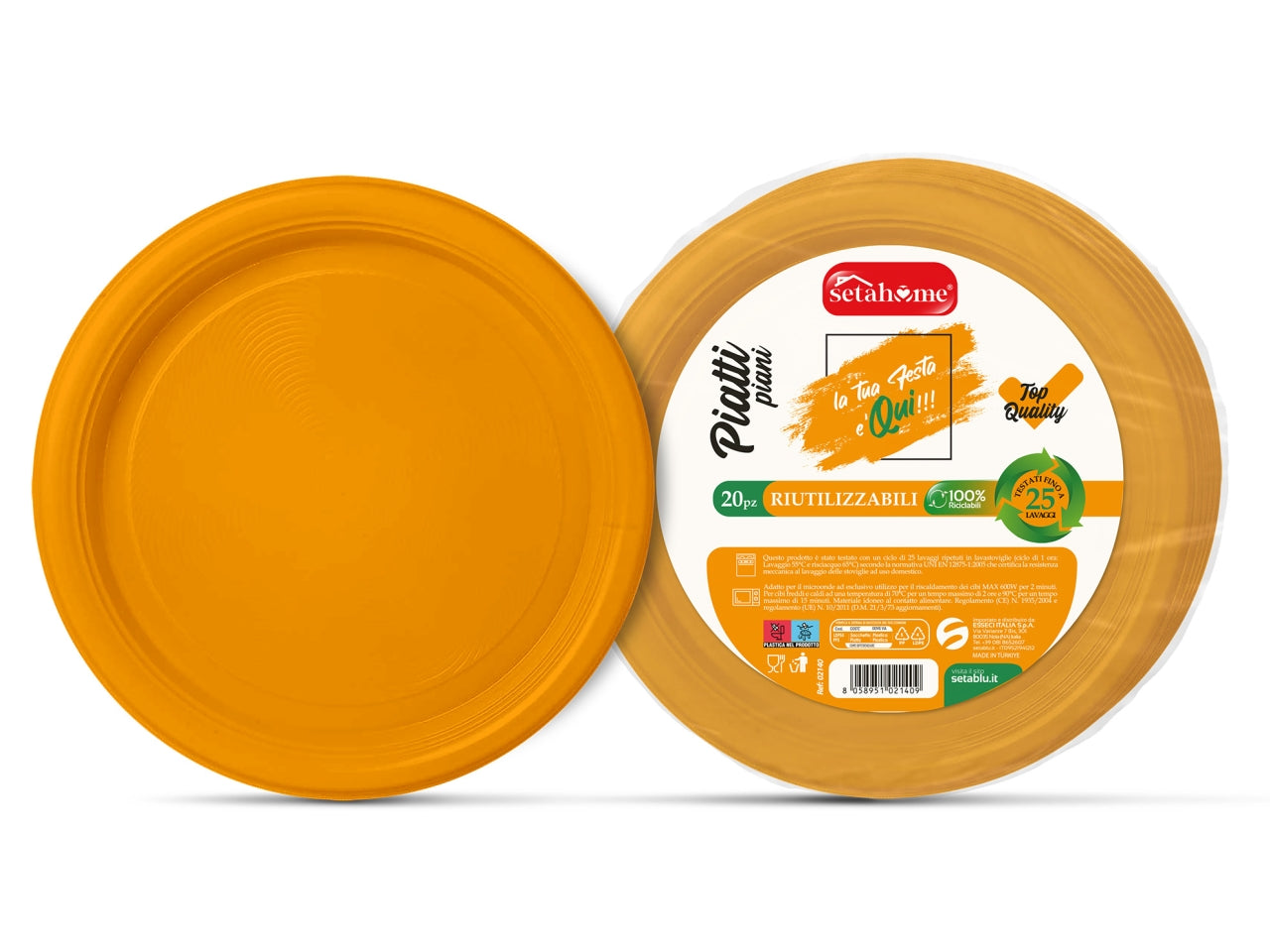 Piatti in plastica piani monouso arancione riciclabili e riutilizzabili, 20 pezzi - 22 cm - Esseci