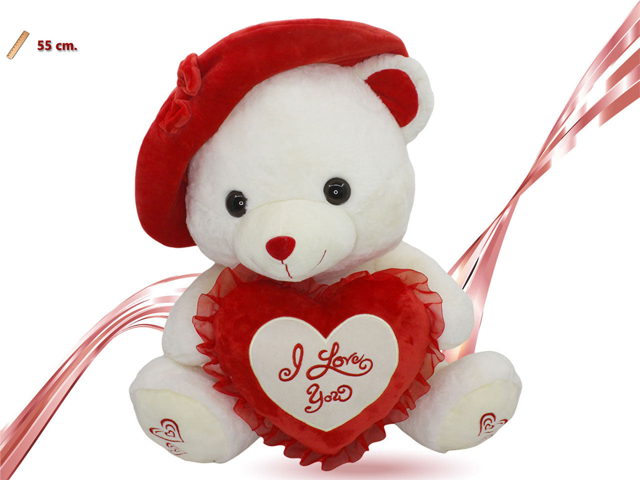 Peluche orso rosso con cuore e cappello 55cm