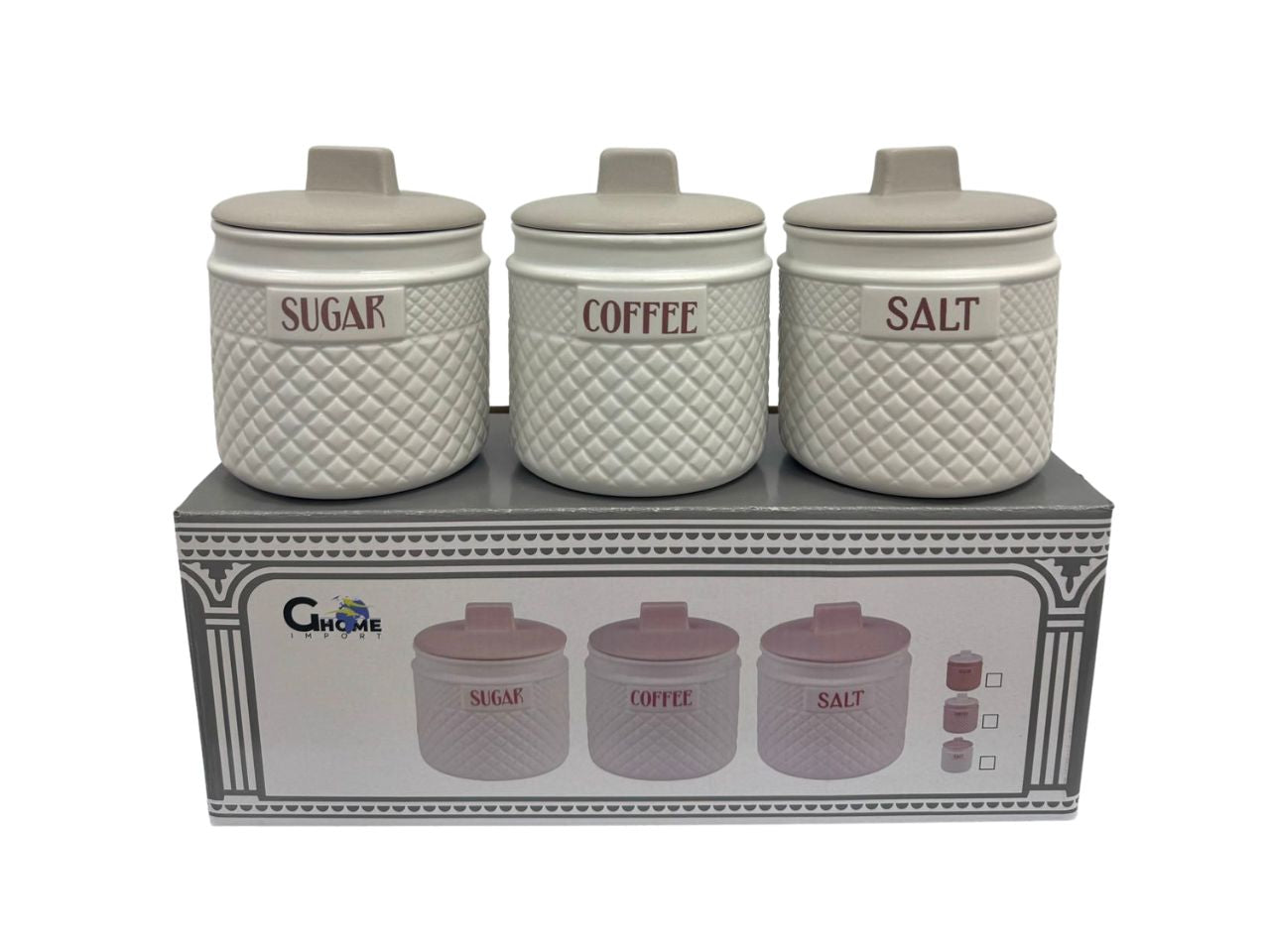 Tris barattoli in ceramica 800ml zucchero, sale e caffe' bianco e grigio
