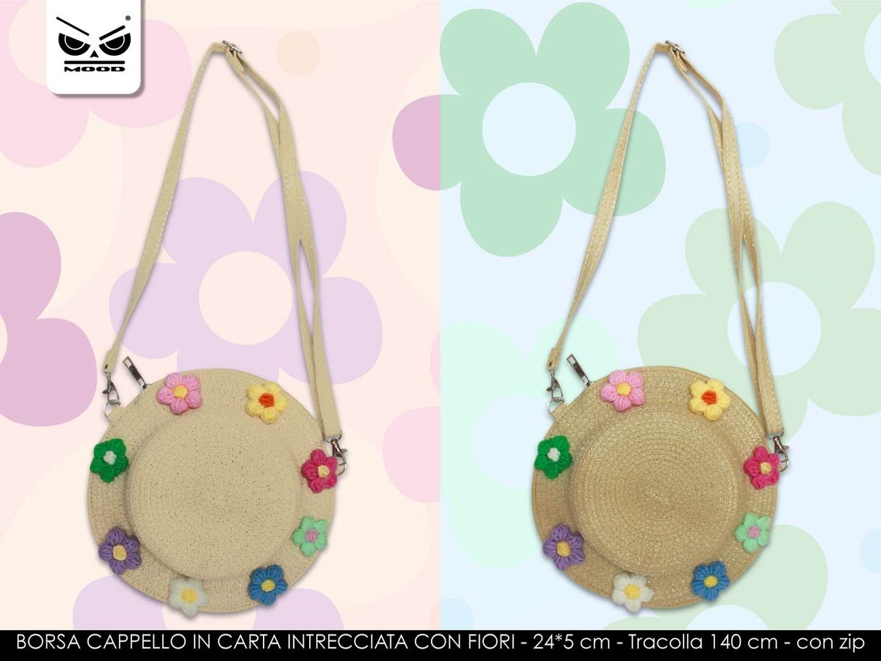 Borsa cappello in rafia intrecciata con fiori
