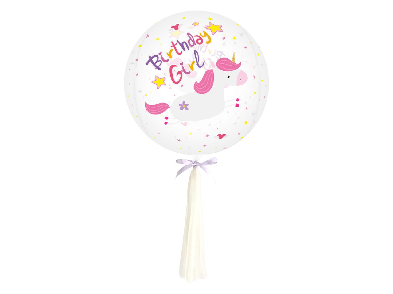 Palloncino trasparente unicorno birthday girl misura gonfio d.60cm anche per elio