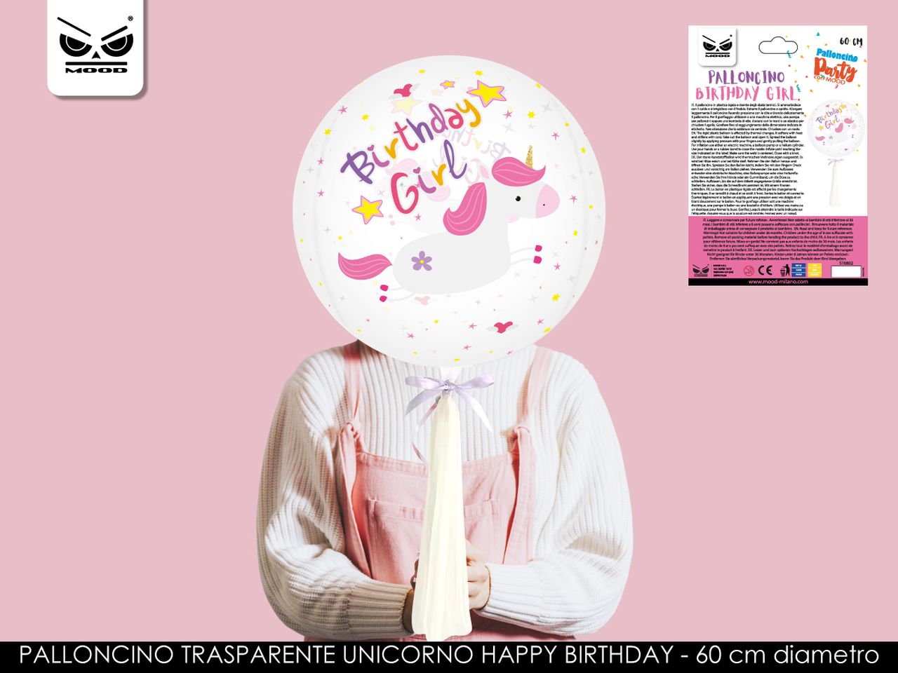 Palloncino trasparente unicorno birthday girl misura gonfio d.60cm anche per elio