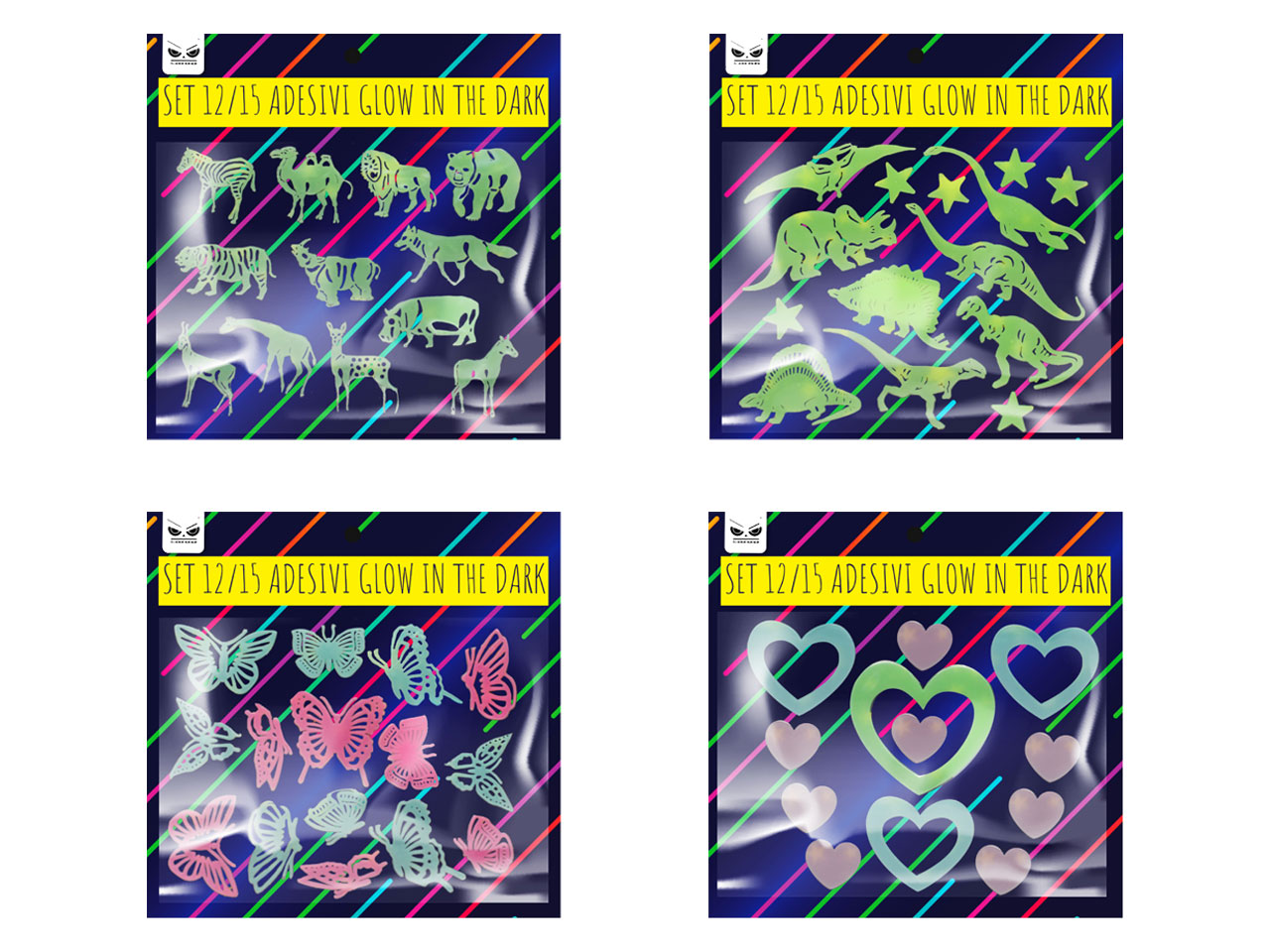 Set da 12 o 15 adesivi glowing in the dark assortiti