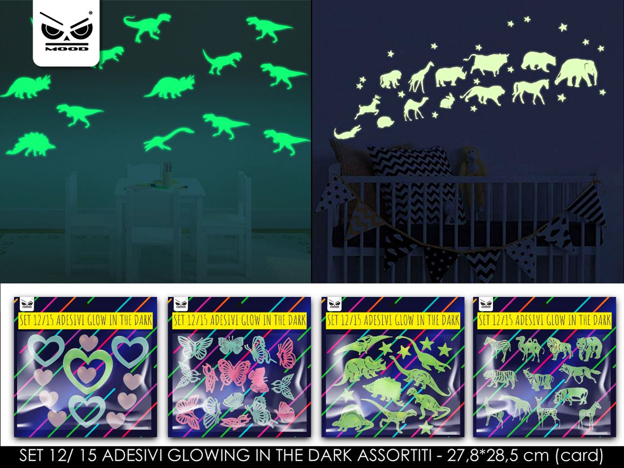 Set da 12 o 15 adesivi glowing in the dark assortiti