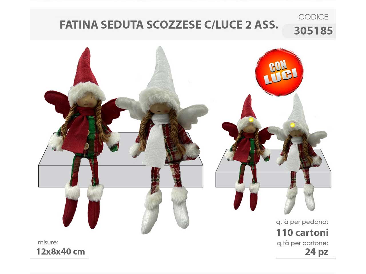 Fatina seduta scozzese con luce 12x8x40cm 305185