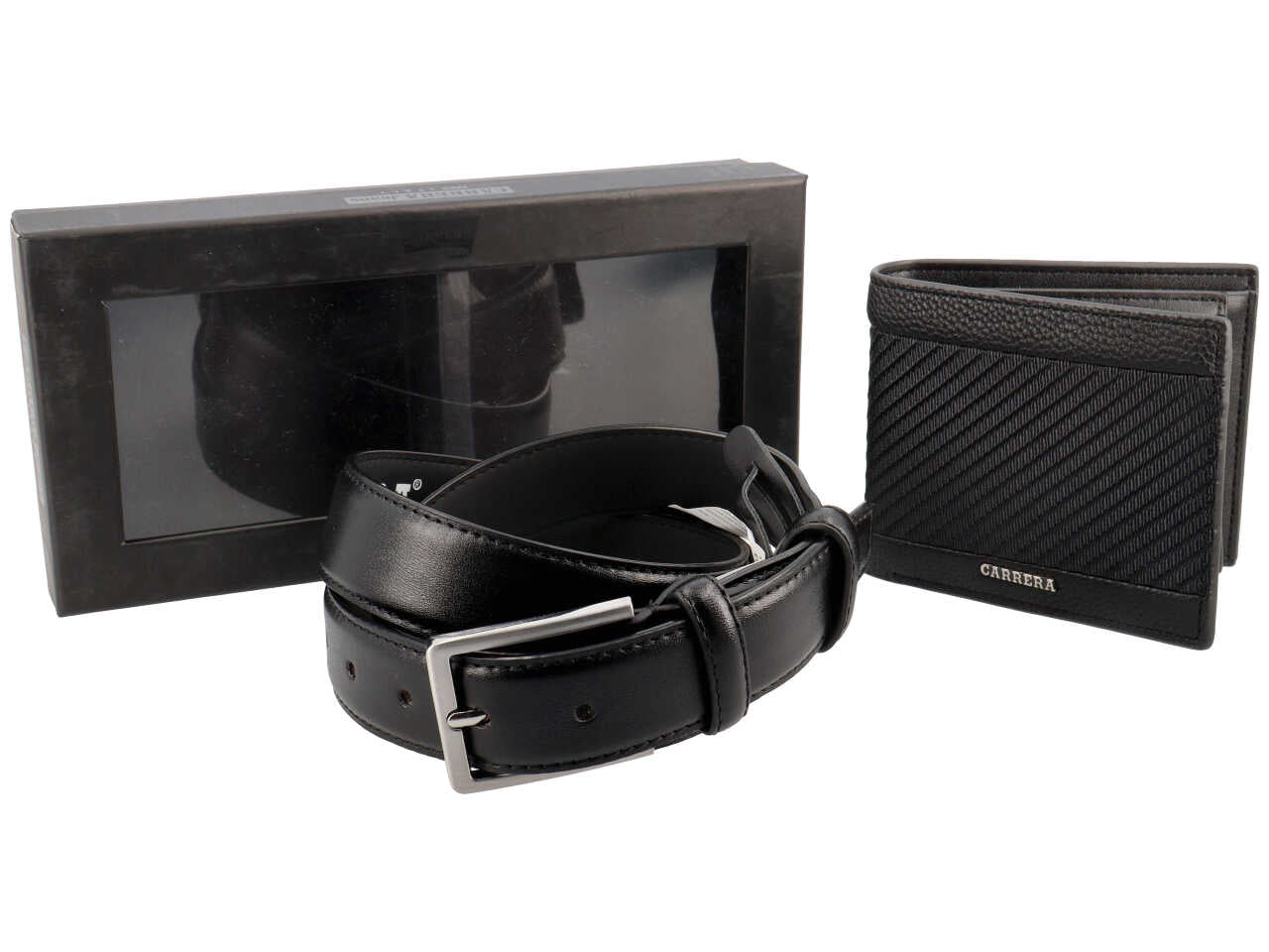 Portafoglio trifold con porta documenti e cintura carbon collection nero 100% polyurethane