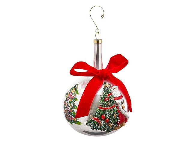 Palla in vetro d.10cm bianca collolungo con decorazione babbo natale