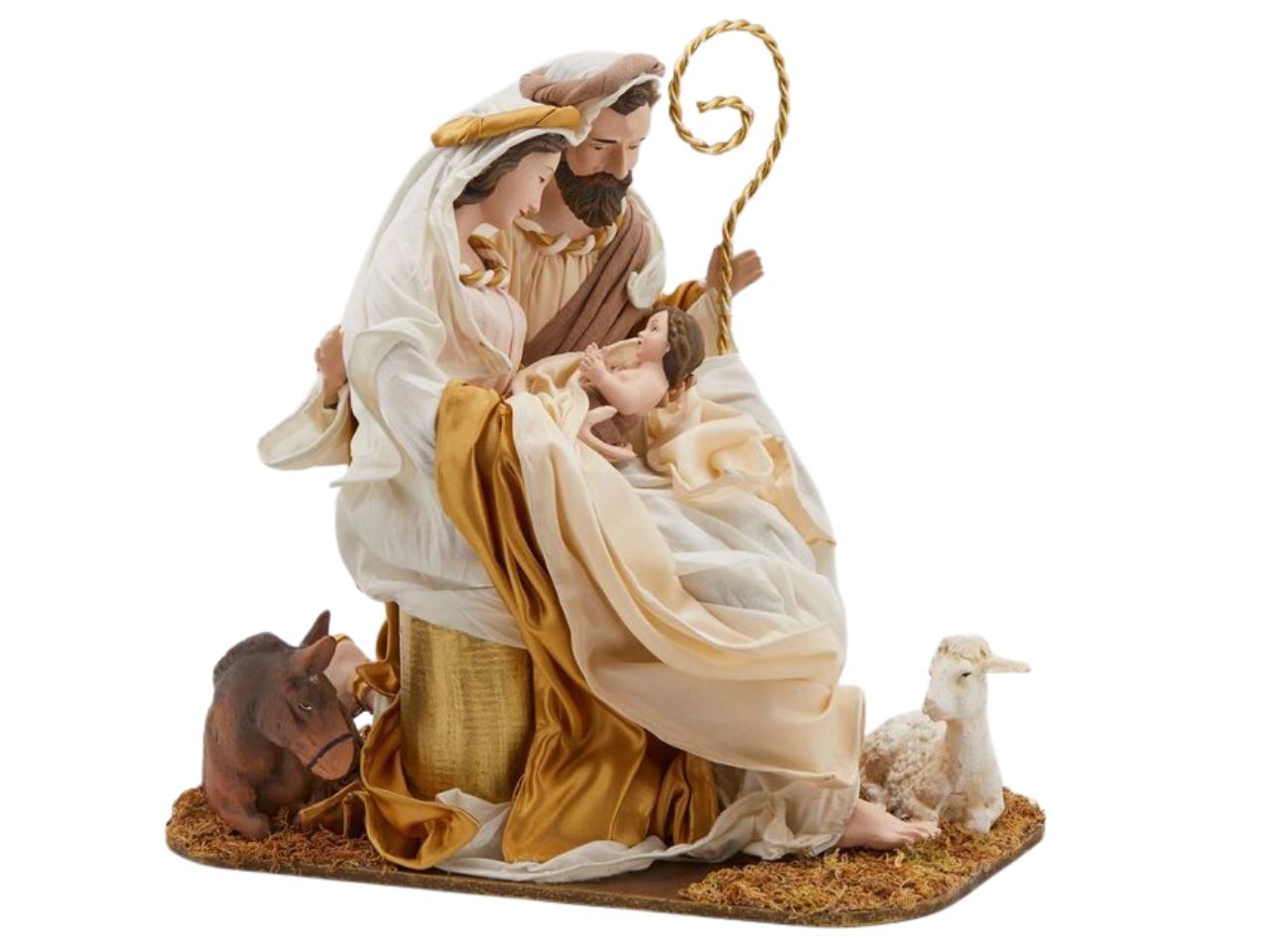 Natività con asinello e pecorella avorio e oro in poliresina e tessuto 32x21x33 cm - EDG
