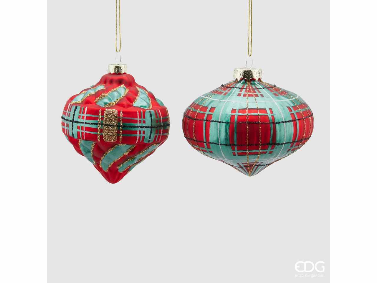 Pendente trottola in vetro tartan d.8cm verde/rosso