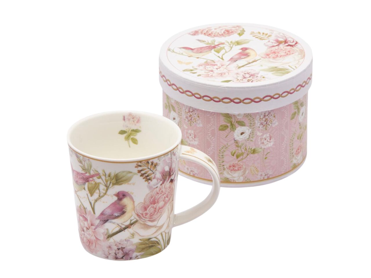 Tazza in porcellana h.9cm con decorazione floreale e scatola regalo