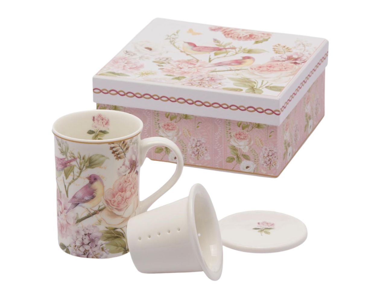 Tazza in porcellana con filtro e coperchio h.11cm. decoro floreale rosa e bianco