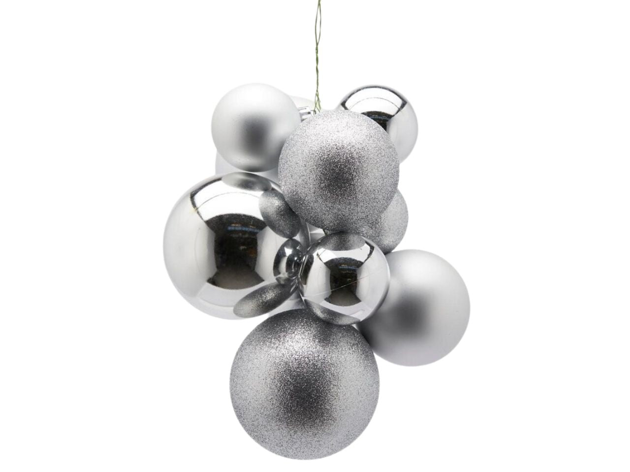 Pendente natalizio a grappolo di palle argentato in plastica lucida e glitterata 32x20 cm - EDG