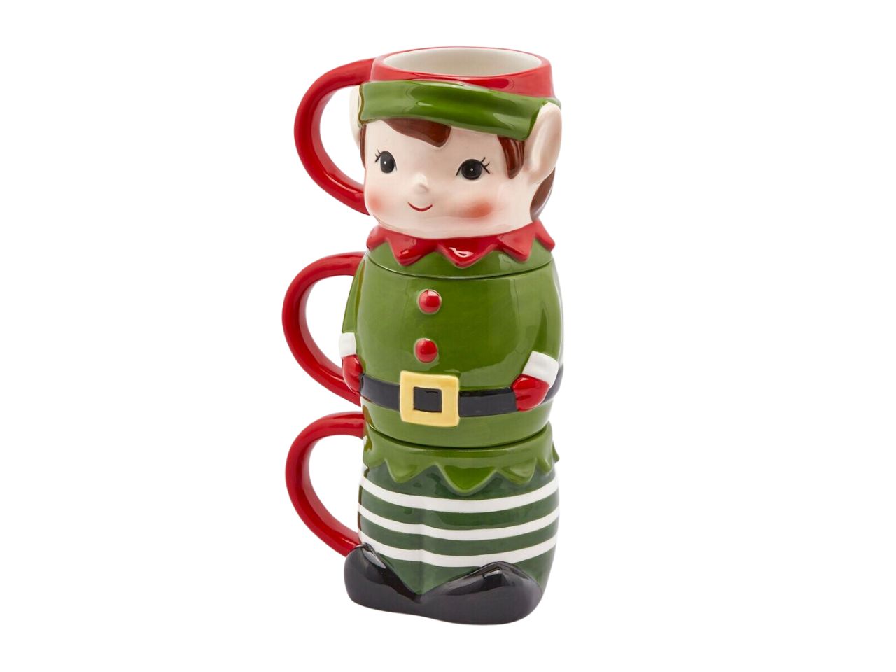 Tazza natalizia elfo impilabile misura h26xd.10cm colore verde e rosso - la confezione comprende 3 tazze