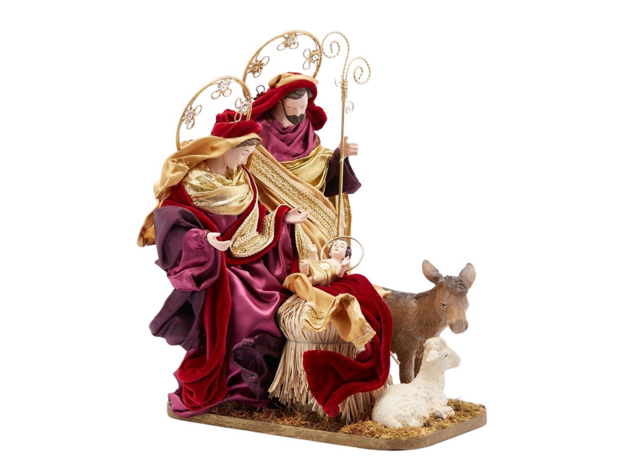 Nativita in tessuto barocco con animali misura h.38cm colore borgogna