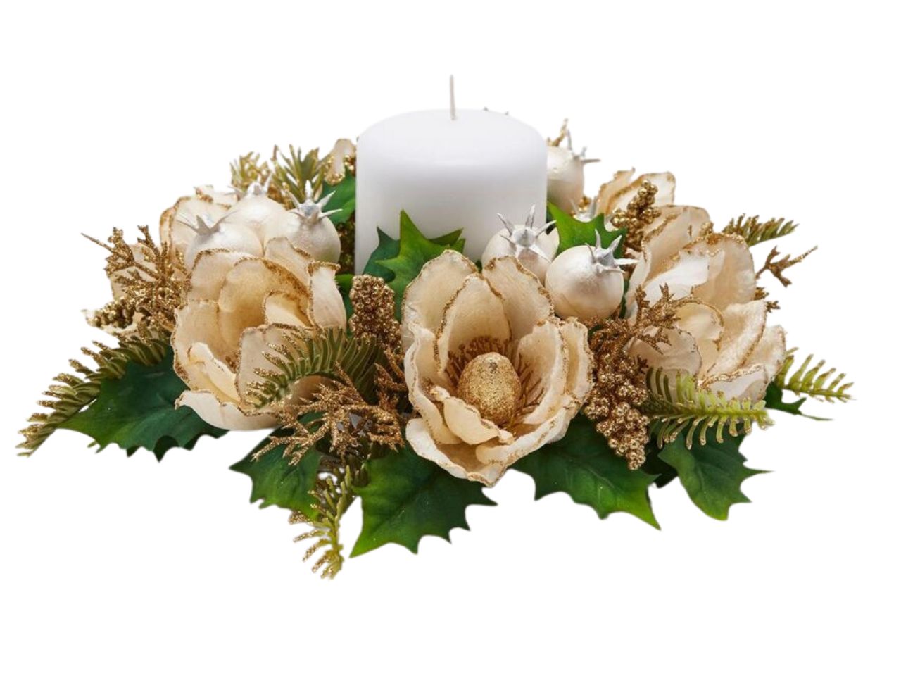Giro candela natalizio con magnolie in plastica e poliestere verde oro crema 21 cm - EDG