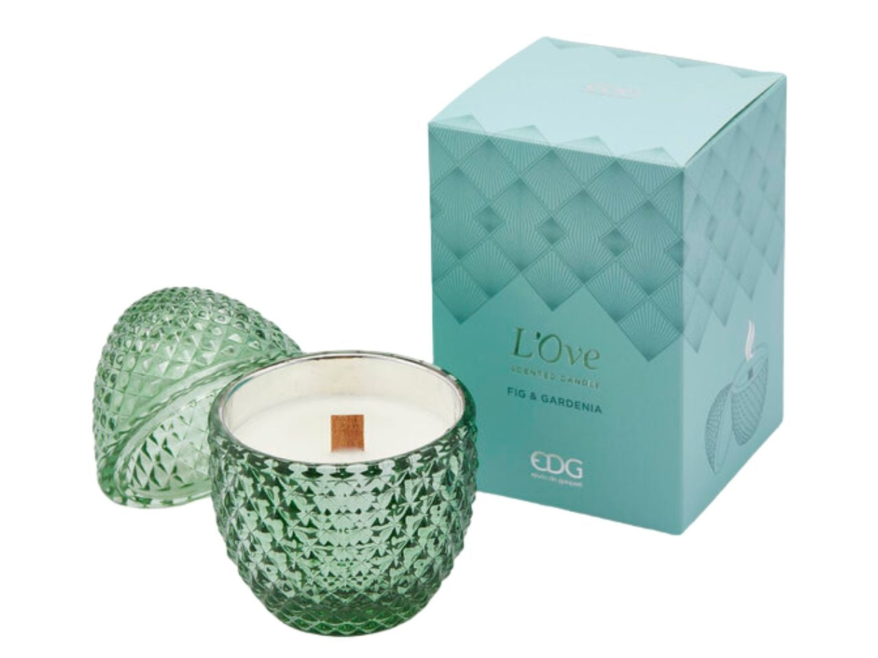 Candela in barattolo profumo fico e gardenia, stile moderno forma ad uovo in vetro verde con decoro a rilievo, 20 ore - 8x12 cm - Enzo De Gasperi