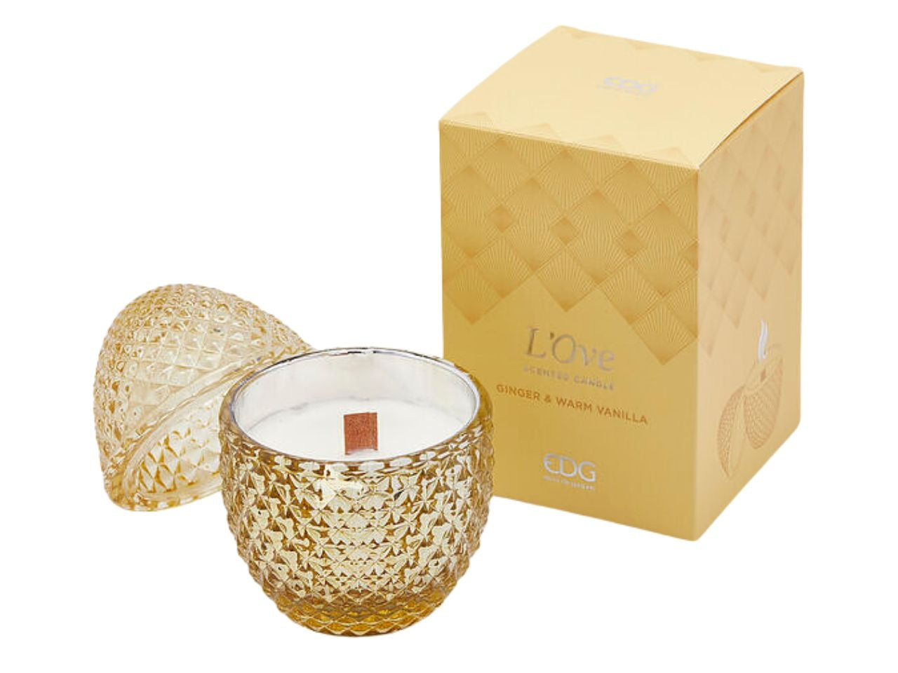 Candela in barattolo profumo zenzero e vaniglia, stile moderno forma ad uovo in vetro giallo con decoro a rilievo, 20 ore - 8x12 cm - Enzo De Gasperi