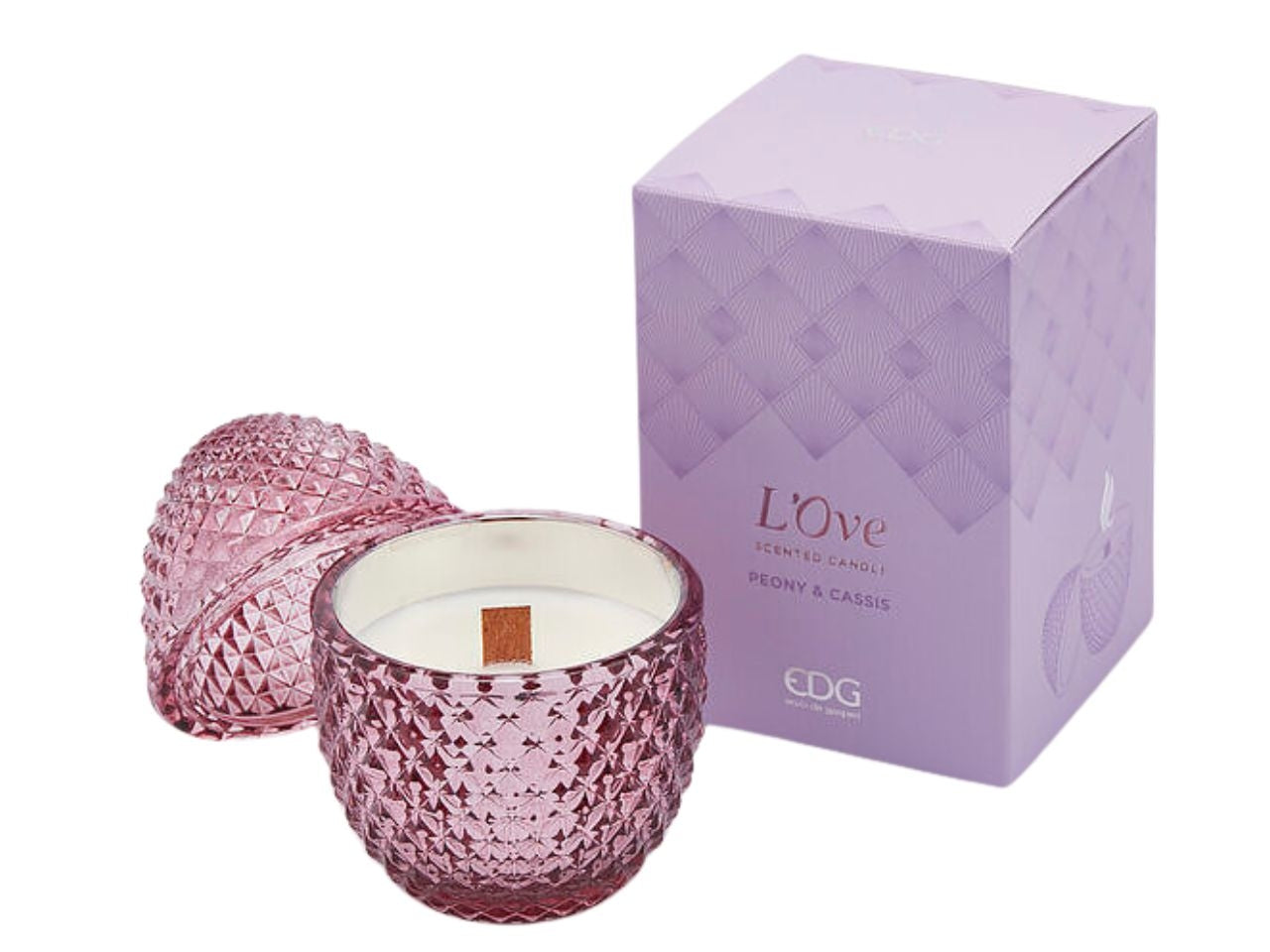 Candela in barattolo profumo peonia e cassis, stile moderno forma ad uovo in vetro lilla con decoro a rilievo, 20 ore - 8x12 cm - Enzo De Gasperi