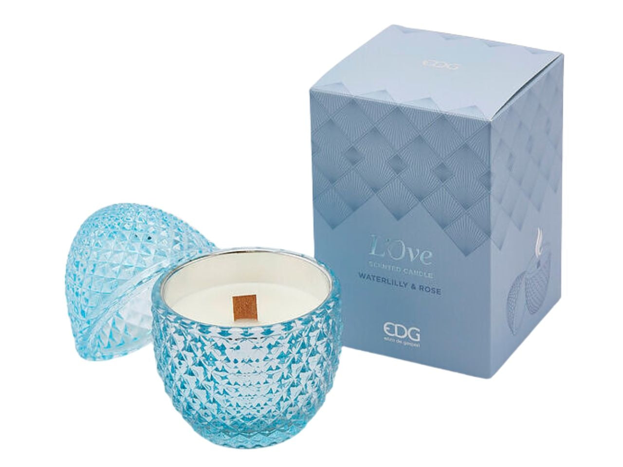 Candela in barattolo profumo waterlilly & rose, stile moderno forma ad uovo in vetro celeste con decoro a rilievo, 20 ore - 8x12 cm - Enzo De Gasperi