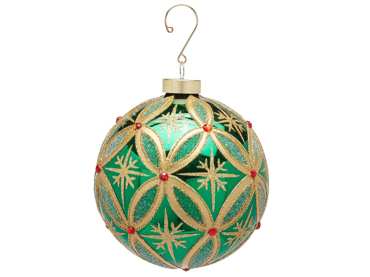 Pendente natalizio palla con rubini verde e oro in vetro lucido e glitterato 12cm - EDG
