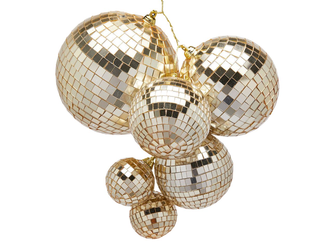 Palla di natale a grappolo specchio oro chiaro in plastica, set di 6 palle lucide h.30 cm - EDG
