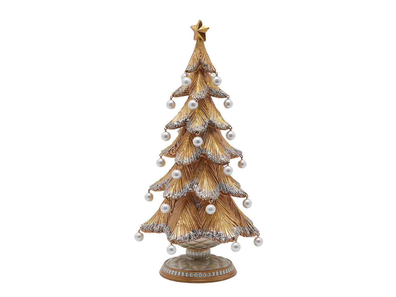 Albero di natale decorativo in poliresina con perle h.36xd.19cm oro e argento