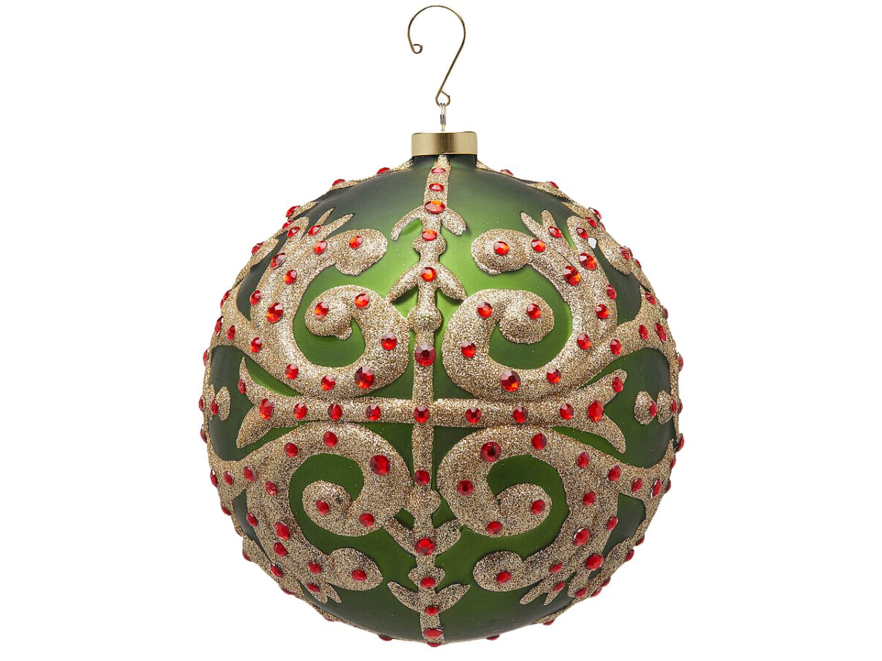 Pendente natalizio palla con rubini verde e oro in vetro opaco e glitterato 18cm - EDG