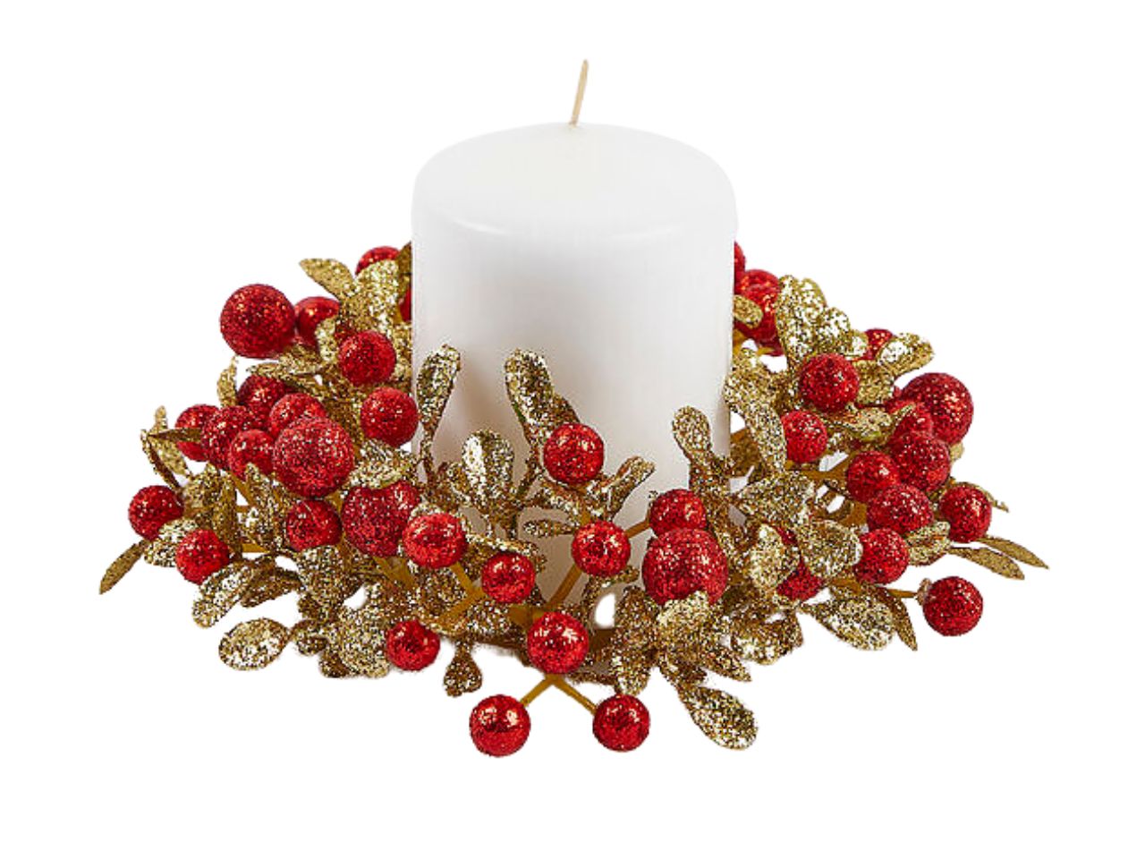 Corona di bacche con foglie d.12cm rosso e oro