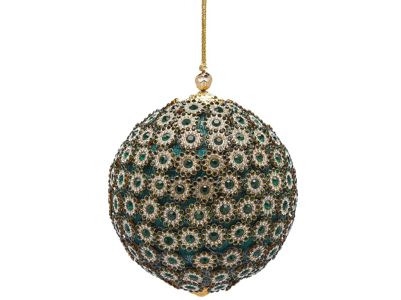 Palla di natale con fiori strassati verde e oro 10 cm - EDG