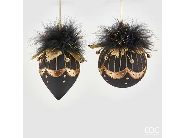Palline natalizie con piume nero in vetro diametro 13cm
