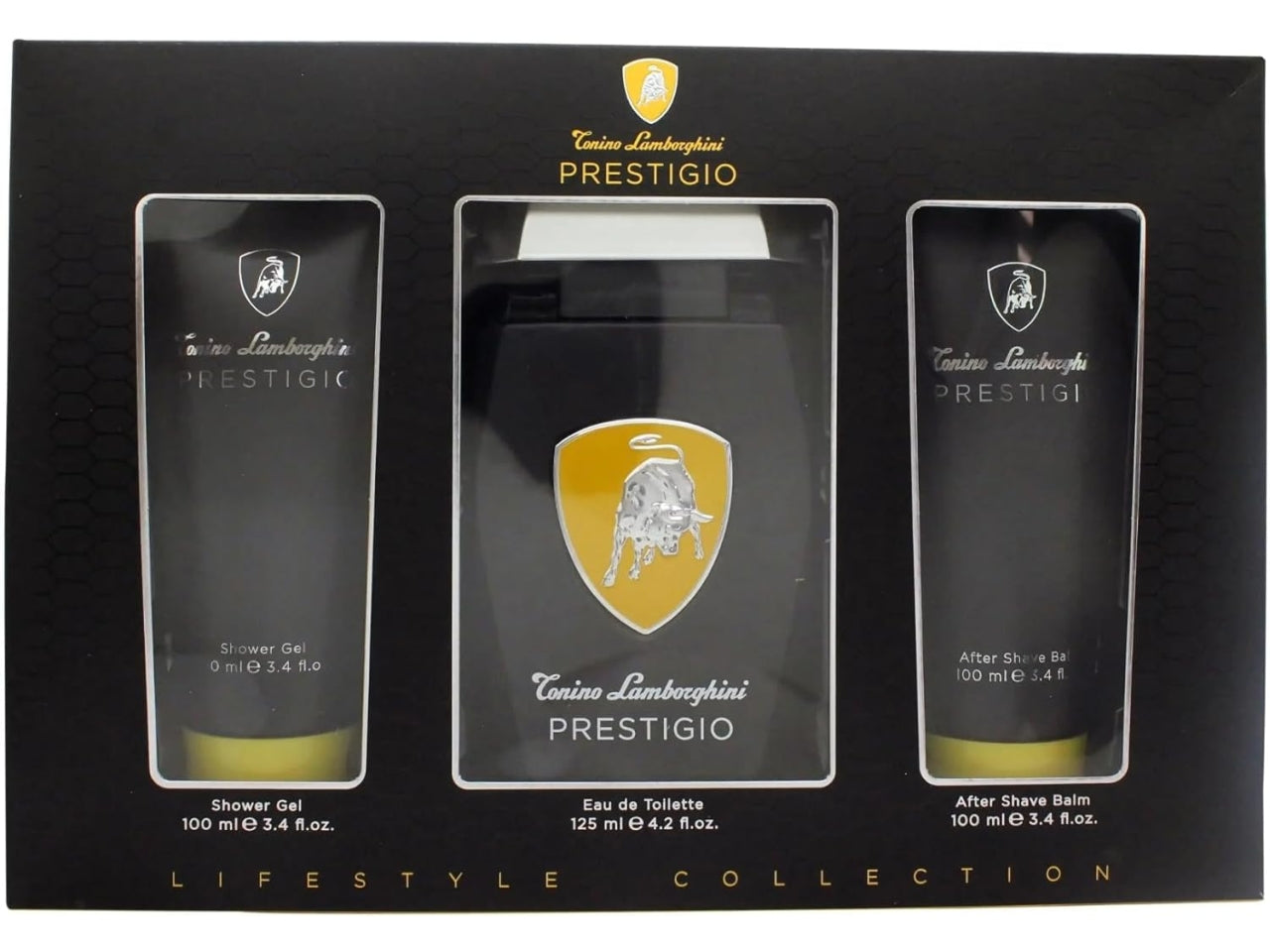 Set regalo da uomo Lamborghini Prestigio con bagnoschiuma, balsamo dopobarba e eau de toilette
