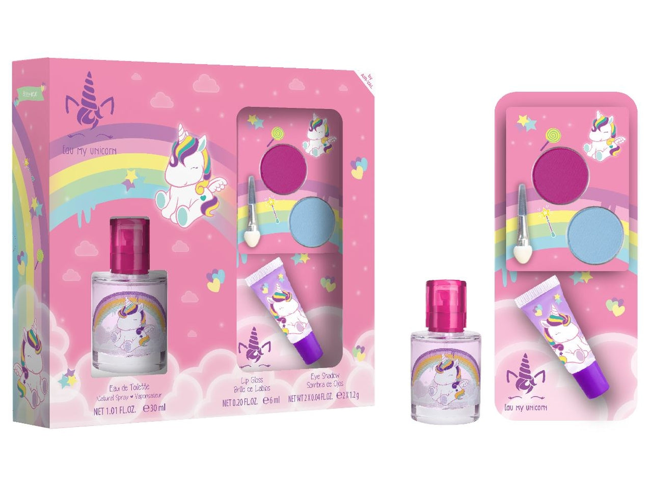 Eau my unicorn confezione regalo con eau de toilette da 30ml, lip gloss e palette ombretti