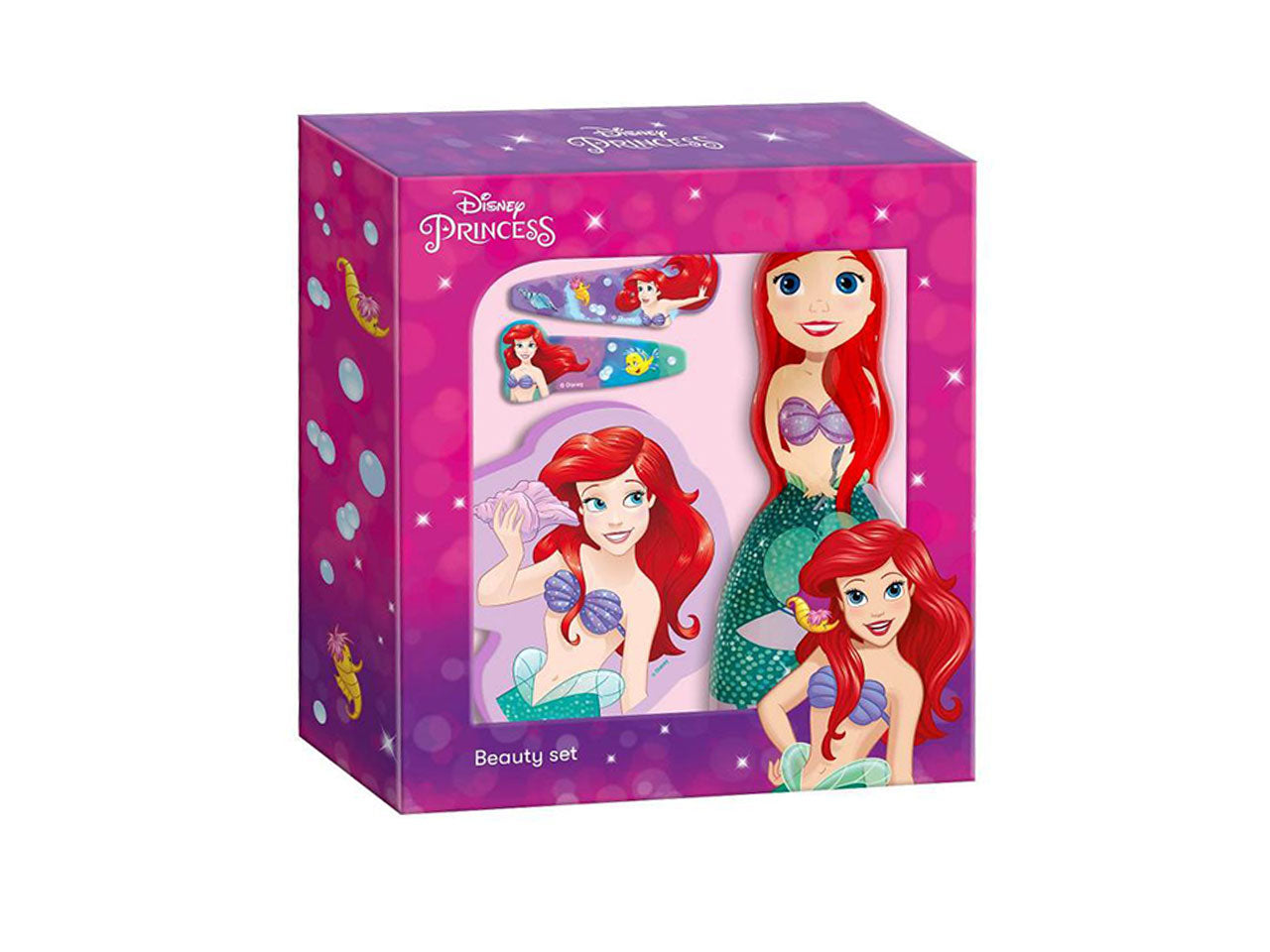 Confezione regalo della principessa ariel contenente un doccia shampoo 2 in 1 , 2 accessori per capelli e 1 spugjna