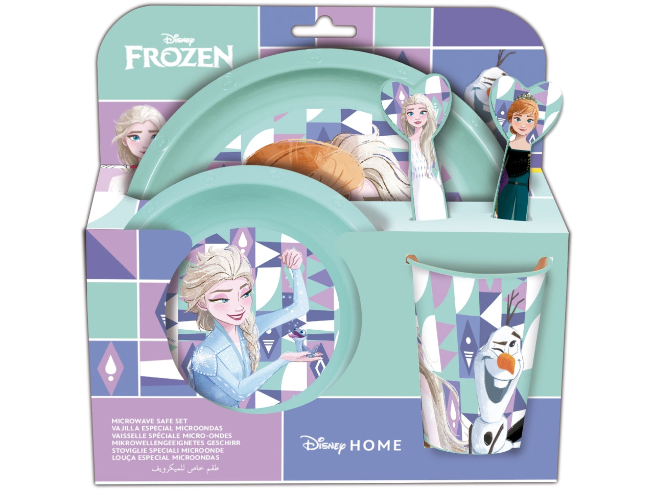 Frozen set merenda include piatto piano, piatto fondo, bicchiere e posate