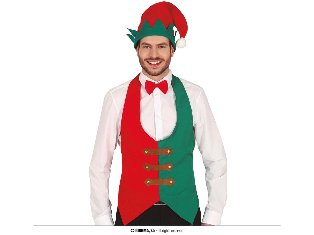 Gilet natalizio da elfo con papillon e cappello