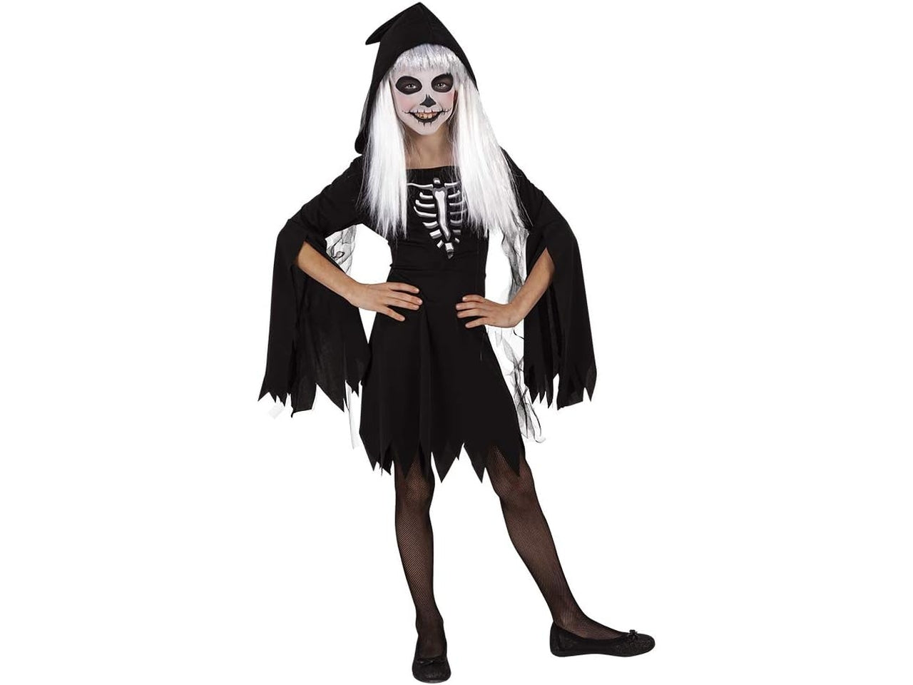 Costume bambina scheletro nero e bianco, vestito con cappuccio e cintura, taglia L - Rubies