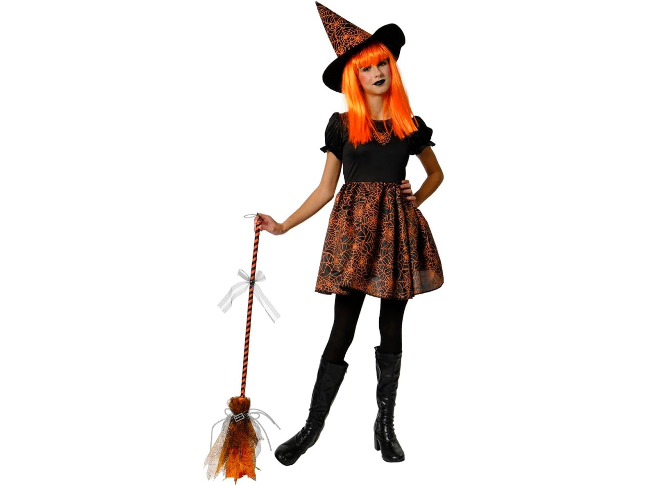 Costume bambina strega ragnatela nero e arancione, vestito con cappello, taglia L - Rubies